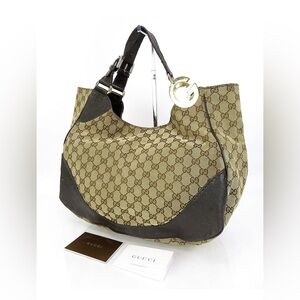 GUCCI Charlotte Brown GG Canvas & Leather Hobo Tote Bag Purse